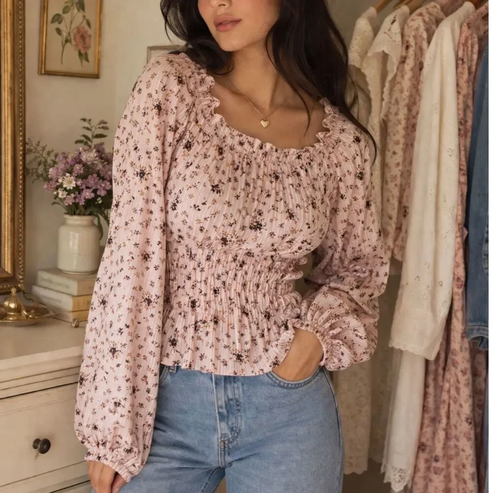 Madewell Sophia Top in Bouquet Floral Medium Ruffle Neck Puff Sleeve Cottagecore